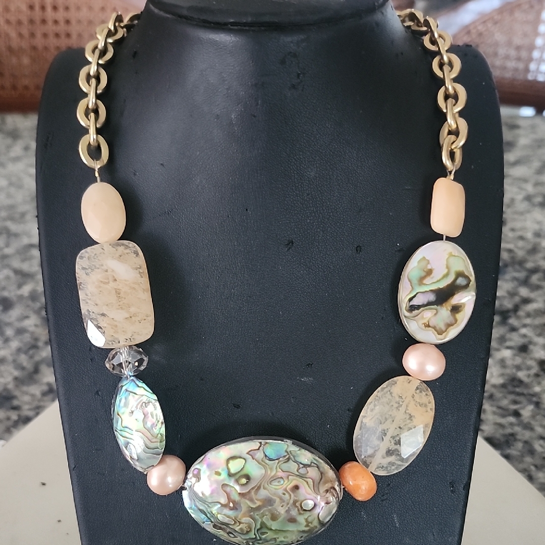A.V Max Elegant Abalone And Stone Necklace Gold Tone Chain